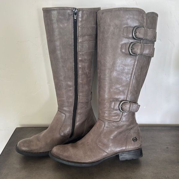 Born Shoes - Born Women's Tall Knee High Ash Leather Boots Riding Boho Buckle Size 6.5 EUC